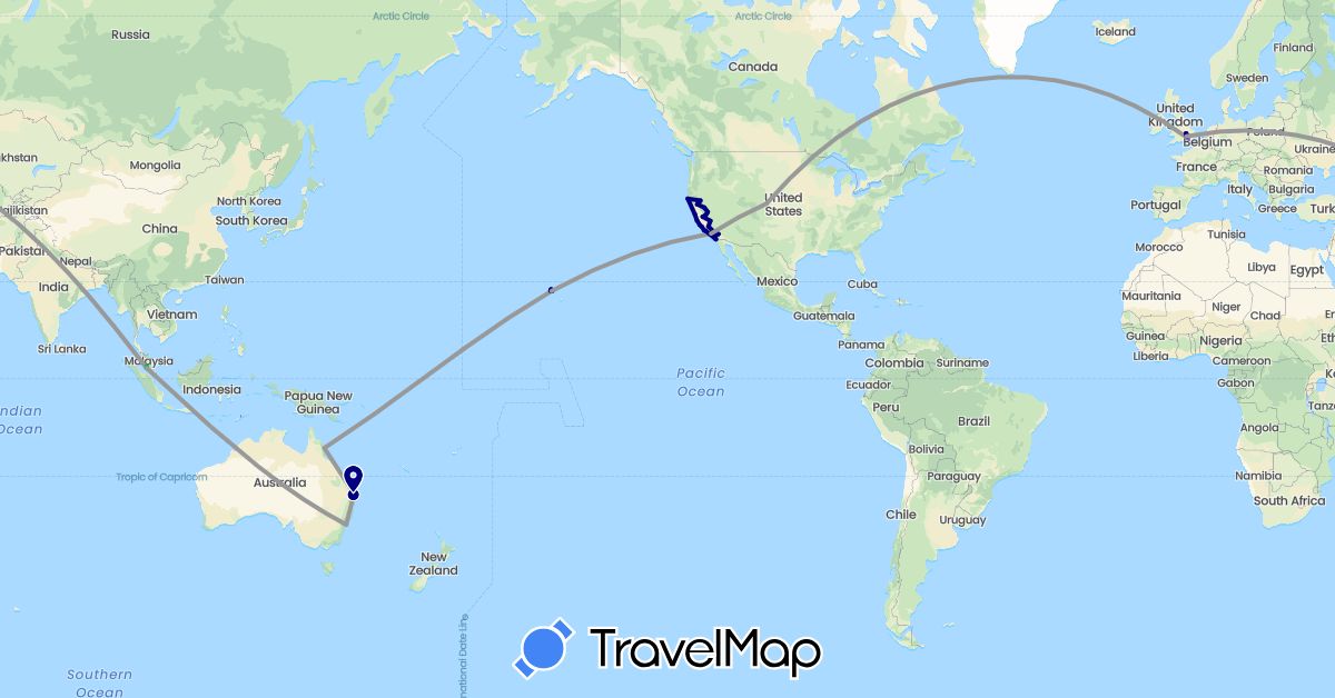 TravelMap itinerary: driving, bus, plane, train in Australia, United Kingdom, Malaysia, United States (Asia, Europe, North America, Oceania)